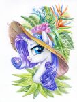  2022 blue_eyes bust_portrait clothing colored_pencil_(artwork) equid equine eyelashes female feral friendship_is_magic fur hair hasbro hat headgear headwear hi_res horn horse looking_at_viewer mammal maytee my_little_pony open_mouth open_smile pony portrait purple_hair rarity_(mlp) side_view simple_background smile solo traditional_media_(artwork) tropical unicorn white_background white_body white_fur 
