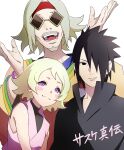  1girl 2boys black_eyes black_hair blonde_hair blush_stickers chino_(naruto) facial_hair goatee hair_over_one_eye headband highres multiple_boys naruto_(series) naruto_shippuuden open_mouth oyashiro_en pink_eyes sekisei smile sunglasses translation_request turtleneck uchiha_sasuke 