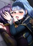  2girls absurdres against_wall bernadetta_von_varley blue_hair blush commission commissioner_upload fire_emblem fire_emblem:_three_houses fire_emblem_warriors:_three_hopes french_kiss grey_eyes highres kiss looking_at_another marianne_von_edmund medium_hair multiple_girls nemu_(nebusokugimi) pixiv_request purple_hair short_hair tongue tongue_out yuri 