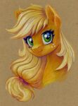  2022 applejack_(mlp) blonde_hair brown_background bust_portrait colored_pencil_(artwork) earth_pony equid equine eyelashes female feral freckles friendship_is_magic fur green_eyes hair hasbro hi_res horse looking_at_viewer mammal maytee my_little_pony orange_body orange_fur pony portrait signature simple_background solo three-quarter_view traditional_media_(artwork) 