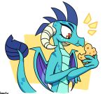  2017 amber_eyes anthro biped bite_mark blue_body blue_scales digital_media_(artwork) dragon eating female food friendship_is_magic hasbro hi_res holding_food holding_object horn kemofoo looking_at_food looking_at_object muffin my_little_pony princess_ember_(mlp) reptile scales scalie signature simple_background solo spade_tail spines wings 
