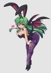  1girl animal_ears animal_print bat_print bat_wings blowing_kiss commentary_request great_magami green_hair head_wings heart highres leaning_forward long_hair morrigan_aensland one_eye_closed pantyhose playboy_bunny print_legwear purple_eyes purple_wings rabbit_ears solo vampire_(game) wings 