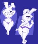  abstract_background absurd_res annie_(disfigure/rafielo) anthro areola areola_slip belly bikini bikini_top blackmore butt clothing ears_up female hair hair_over_eye hi_res lagomorph leporid looking_at_viewer looking_back mammal navel one_eye_obstructed rabbit raised_tail slightly_chubby solo swimwear 