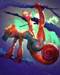  2022 anthro big_butt blue_body blue_scales branch breasts butt chameleon claws featureless_breasts female fivel hi_res lizard looking_at_viewer multicolored_body on_branch open_mouth orange_body orange_scales panther_chameleon prehensile_feet reptile scales scalie solo 