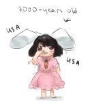 1girl animal_ears barefoot black_hair carrot_necklace dress full_body hand_on_own_face inaba_tewi jewelry looking_at_viewer necklace nose_picking pendant pink_dress rabbit_ears red_eyes solo sparkle71059204 standing touhou 