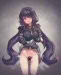  1girl after_sex black_gloves black_shirt black_survival blush body_writing braid breasts clothes_lift cowboy_shot front_braid gloves grey_background grimace head_tilt highres hyejin_(black_survival) lifted_by_self long_hair looking_at_viewer maebari medium_breasts navel no_panties ofuda ofuda_on_pussy purple_eyes purple_hair rq_(35695551) shirt short_sleeves skirt skirt_lift solo standing tally trembling twintails very_long_hair white_skirt 