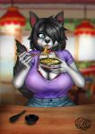  anthro big_breasts breasts choker eating eating_food fan_character female food hi_res jewelry madbrainarts mammal necklace noodles restaurant solo visible_underwear 