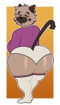  2022 absurd_res ambiguous_gender anthro big_butt biped bottomwear butt clothing digital_media_(artwork) domestic_cat felid feline felis hi_res huge_butt looking_at_viewer mammal purplebubble simple_background solo thick_thighs tongue tongue_out topwear underwear wide_hips 