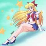  1girl 2022 absurdres aino_minako bishoujo_senshi_sailor_moon blonde_hair blue_eyes blue_footwear bow breasts choker codename_wa_sailor_v crescent crescent_facial_mark danmakuman earrings facial_mark forehead_mark full_body gloves hair_bow high_heels highres jewelry long_hair medium_breasts midriff miniskirt navel open_mouth pleated_skirt sailor_senshi_uniform sailor_v shoulder_pads signature skirt smile solo starry_background very_long_hair white_choker white_gloves 