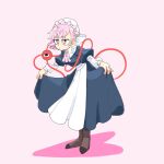 1girl alternate_costume apron apron_lift clothes_lift curtsey enmaided highres jitome komeiji_satori lifted_by_self maid pink_background pink_eyes pink_hair shinsei_tomato skirt skirt_hold skirt_lift solo touhou 