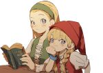  2girls bangs blonde_hair book braid closed_mouth d.y.x. dragon_quest dragon_quest_xi dress green_hairband hair_pulled_back hairband hat holding holding_book long_hair long_sleeves looking_at_viewer multiple_girls open_book purple_eyes red_headwear senya_(dq11) short_sleeves simple_background twin_braids upper_body veronica_(dq11) white_background 