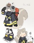  1girl animal_ears animal_ears_helmet aqua_eyes arknights bangs black_gloves black_shorts blush boots closed_eyes d.y.x. fire_helmet firefighter firefighter_jacket full_body gloves grey_background grey_hair helmet holding jacket long_sleeves open_mouth salute shaw_(arknights) short_hair shorts simple_background squirrel_ears squirrel_girl squirrel_tail standing tail teeth upper_teeth 