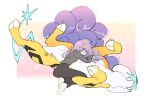  1girl anabel_(pokemon) bangs closed_eyes commentary cowlick grey_shirt long_hair long_sleeves lying pants pokemon pokemon_(creature) pokemon_(game) pokemon_sm purple_hair raikou shirt sleeping socks vergolophus white_socks 