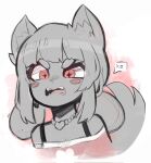  &lt;3 angry anthro big_eyes blush canid canine circle_eyebrows d:&lt; eyebrows eyelashes female flat_chested flat_colors fox furrowed_brow grey_body grey_tail hi_res humanoid hybrid inner_ear_fluff jewelry looking_angry looking_down mammal monochrome necklace open_mouth raised_tail red_eyes sharp_teeth simple_background small_nose solo solo_focus spaghetti_strap speech_bubble straps teeth thick_eyelashes tuft white_background yasi_dip 