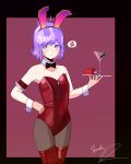  1girl absurdres anger_vein bangs blush bow bowtie cocktail cocktail_glass colored_eyelashes cup drinking_glass full-face_blush hair_bun heterochromia highres light_purple_hair looking_at_viewer martini multicolored_eyes original playboy_bunny red_(among_us) simple_background solo thighhighs xyanide zipper 