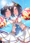  2girls air_groove_(umamusume) animal_ears bangs belt black_hair blue_eyes blue_jacket blue_sky blush breast_press breasts brown_hair commentary_request confetti cosplay day ear_piercing fuji_kiseki_(umamusume) green_eyes highres holding holding_pom_poms horse_ears horse_girl horse_tail jacket layered_skirt looking_at_viewer medium_breasts midriff multiple_girls navel nice_nature_(run&amp;win)_(umamusume) nice_nature_(umamusume) nice_nature_(umamusume)_(cosplay) one_eye_closed open_clothes open_jacket open_mouth outdoors piercing pom_pom_(cheerleading) roar_yell!_tracen_academy_cheerleading_squad_(umamusume) sailor_collar shirt short_hair skirt sky small_breasts smile sweat symmetrical_docking tail teeth umamusume white_shirt white_skirt zhu_(nitamagr) 