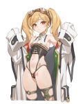  1girl azur_lane bare_shoulders blonde_hair breast_zipper coat crotch_zipper goggles goggles_on_head highleg highleg_swimsuit highres jacket leonardo_da_vinci_(azur_lane) long_hair long_sleeves navel o-ring_strap off_shoulder open_clothes open_jacket red_eyes sleeves_past_fingers sleeves_past_wrists swimsuit thigh_strap thighhighs twintails white_background white_coat zipper zzzearly 