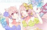  2girls animal_ears atelier_(series) atelier_lydie_&amp;_suelle bikini blush bow bowtie breasts cat_ears earrings flower frilled_swimsuit frills green_bikini hairband holding holding_water_gun hydrangea jewelry kmame_at long_hair looking_at_viewer lydie_marlen multiple_girls open_mouth pink_eyes pink_hair purple_bikini short_hair siblings sisters small_breasts smile suelle_marlen swimsuit twins upper_body water_gun 