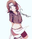  1girl arms_behind_back brown_eyes brown_hair crop_top facial_mark forehead_protector groin highres midriff naruto_(series) naruto_shippuuden navel nohara_rin red_shorts sekisei shorts smile solo 