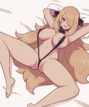  1girl :d areola_slip arm_behind_head barefoot bed_sheet blonde_hair blush breasts commentary_request covered_nipples cynthia_(pokemon) female_pubic_hair fur_collar grey_eyes highres lamb-oic029 large_breasts long_hair looking_at_viewer lying navel on_back open_mouth pillow pokemon pokemon_(game) pokemon_dppt pubic_hair pussy pussy_peek slingshot_swimsuit smile solo spread_legs swimsuit toes very_long_hair wavy_hair 