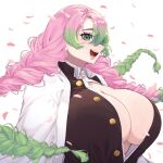  1girl :d absurdres bangs black_jacket braid breasts cherry_blossoms cleavage dress_shirt falling_leaves falling_petals gradient_hair green_eyes green_hair hair_between_eyes highres jacket kanroji_mitsuri kimetsu_no_yaiba konpeito_416 large_breasts leaf long_hair looking_at_viewer mole mole_under_eye multicolored_hair open_mouth partially_unbuttoned petals pink_hair shirt signature smile solo standing twin_braids twintails upper_body white_shirt 
