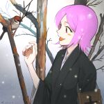  1girl :d animal bangs bare_tree bird black_kimono bleach blush_stickers commentary dated fang from_side hand_up highres japanese_clothes jou_(jo_jjo) kimono kusajishi_yachiru outdoors parted_bangs pink_hair red_eyes smile snowing solo tree upper_body 
