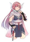  1girl absurdres black_gloves black_kimono breasts cherche_(fire_emblem) cleavage commentary cropped_legs elbow_gloves english_commentary fingerless_gloves fire_emblem fire_emblem_heroes gloves grey_scarf hand_up highres japanese_clothes kaphrin kimono long_hair looking_at_viewer medium_breasts obi red_eyes red_hair sash scarf signature simple_background sleeveless sleeveless_kimono smile solo very_long_hair white_background 