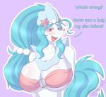  absurd_res anthro asterozoan big_breasts blue_hair bra breast_freckles breasts cleavage clothed clothing dialogue echinoderm eyelashes female freckles generation_7_pokemon hair hi_res huge_breasts long_hair mammal marine nintendo open_mouth pinniped pokemon pokemon_(species) primarina seductive simple_background snackbunnii solo starfish starfish_(accessory) underwear video_games white_body 