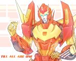  1boy autobot badge blue_eyes english_text grin gun hand_on_hip highres insignia male_focus mecha no_humans oceanapril robot rodimus science_fiction simple_background smile solo the_transformers_(idw) transformers weapon wheel 