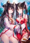  2girls absurdres bangs bare_shoulders black_hair blurry blurry_background blush breasts brown_eyes bug butterfly china_dress chinese_clothes cleavage closed_mouth dress expressionless hair_ornament highres hong_xiao_yu iron_saga long_hair long_sleeves looking_at_viewer medium_breasts multiple_girls mutsuki_(iron_saga) outdoors photo_(object) picture_frame red_eyes rin_yuu scan shiny shiny_skin simple_background sleeveless sleeves_past_wrists thighs turtleneck twintails 