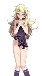  1girl ace_trainer_(pokemon) astrid_(pokemon) blonde_hair blush breasts bruise bruise_on_face clenched_teeth covering groin hair_ornament highres holding holding_clothes injury kneehighs long_hair looking_at_viewer medium_breasts nude_cover pokemon pokemon_(game) pokemon_xy purple_eyes purple_socks sideboob simple_background socks solo standing sweat tears teeth tsukishiro_saika v-shaped_eyebrows very_long_hair white_background 