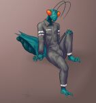  2_toes 5_eyes abstract_background absurd_res antennae_(anatomy) anthro artdemonslair arthropod arthropod_abdomen barefoot bedroom_eyes bulge clothed clothing exoskeleton feet fully_clothed grey_clothing hand_on_knee hand_on_leg hi_res insect invisible_chair invisible_geometry jumpsuit looking_at_viewer male mandibles mantis multi_eye multi_limb narrowed_eyes orange_eyes orange_pupils plantigrade pseudo_pupils pupils raised_leg seductive signature sitting solo teal_body toes two-tone_body unusual_pupils zipper 