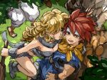  1boy 3girls ayla_(chrono_trigger) baggy_pants bare_shoulders belt bikini blonde_hair blue_eyes blue_tunic boots breasts brown_belt brown_footwear chrono_trigger cleavage crono_(chrono_trigger) curly_hair feet_out_of_frame fur_bikini fur_boots grass grey_bikini grey_footwear hair_over_one_eye headband highres holding_club large_breasts long_hair looking_at_another looking_away lucca_ashtear marle_(chrono_trigger) midriff multiple_girls open_mouth outdoors pants red_eyes sandals scarf short_hair spiked_hair sweatdrop swimsuit tree uzutanco white_headband white_pants yellow_scarf 