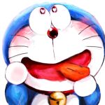 &lt;3 &lt;3_eyes 1:1 2021 anthro bell blue_body blue_fur blush collar domestic_cat doraemon doraemon_(character) felid feline felis front_view fur looking_up machine male mammal mt_tg open_mouth red_collar red_nose robot shaded simple_background solo standing tongue tongue_out whiskers white_background white_body white_fur 