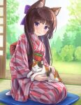  1girl absurdres animal animal_ear_fluff animal_ears animal_on_lap bangs blush bow brown_hair cat cat_ears closed_mouth commentary_request cushion day full_body hair_bow highres indoors iroha_(iroha_matsurika) japanese_clothes kimono long_hair long_sleeves looking_at_viewer mutsuki_(iroha_(iroha_matsurika)) obi on_lap original print_kimono purple_bow purple_eyes sash seiza sitting smile socks solo very_long_hair white_socks wide_sleeves yagasuri zabuton 