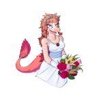  accessory anthro bouquet clothed clothing crossgender dinosaur dress dromaeosaurid feathered_tail feathers female flower flower_bouquet flower_in_hair goodbye_volcano_high hair hair_accessory half-closed_eyes hi_res humanoid long_hair long_snout looking_at_viewer multicolored_body narrowed_eyes open_mouth pink_body pink_hair plant protonmono purple_eyes reed_(gvh) reptile scalie simple_background snoot_game_(fan_game) snout solo theropod two_tone_body velociraptor video_games wedding_dress white_background 