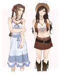  2girls aerith_gainsborough arms_behind_back bangs bare_arms belt black_belt black_hair blue_ribbon boots braid braided_ponytail breasts brown_hair brown_skirt brown_vest cleavage collarbone cowboy_boots cowboy_hat crisis_core_final_fantasy_vii crop_top dress feet_out_of_frame final_fantasy final_fantasy_vii fringe_trim green_eyes hair_ribbon hat holding_own_arm leather_skirt leather_vest long_hair looking_to_the_side loose_belt medium_breasts midriff miniskirt multiple_girls navel official_alternate_costume parted_bangs perlmuttt pink_ribbon red_eyes ribbon shirt sidelocks simple_background skirt sleeveless sleeveless_dress sleeveless_shirt smile spaghetti_strap standing striped striped_dress sundress tifa_lockhart vest wavy_hair white_dress white_shirt 