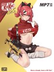  1girl ahoge alternate_costume breasts candy english_commentary food girls&#039;_frontline gun h&amp;k_mp7 highres j_adsen kitkat kneeling lollipop medium_breasts mixed-language_commentary mp7_(girls&#039;_frontline) navel pom_pom_(clothes) ponytail red_hair ribbon russian_commentary shorts solo submachine_gun sweater toes turtleneck turtleneck_sweater underboob weapon white_leg_warmers yellow_eyes 