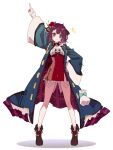  1girl arm_up atelier_(series) atelier_sophie atelier_sophie_2 bare_legs blush breasts brown_eyes coat dress flower frills hair_flower hair_ornament highres jewelry karasumi_(aiseec) long_sleeves looking_at_viewer medium_breasts necklace red_hair short_hair simple_background smile solo sophie_neuenmuller sparkle white_background 