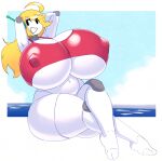  absurd_res android angstrom big_breasts black_eyes blonde_hair breasts cave_story clothing crossed_legs curly_brace female hair hands_behind_head hi_res huge_breasts humanoid hyper hyper_breasts machine navel nipple_outline open_mouth robot robot_humanoid shirt solo tank_top thick_thighs topwear under_boob video_games white_body 