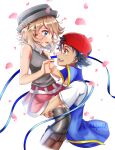  1boy 1girl ash_ketchum ashujou baseball_cap black_hair blonde_hair blue_eyes brown_eyes confetti earrings grey_headwear hat highres holding jacket jewelry looking_at_another open_mouth pleated_skirt pokemon pokemon_(anime) pokemon_journeys red_skirt serena_(pokemon) shirt short_hair skirt smile thighhighs white_background 