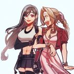  2girls abs aerith_gainsborough bangle bangs bare_shoulders belt black_bra black_gloves black_hair black_skirt black_thighhighs bra bracelet braid braided_ponytail breasts brown_hair choker collarbone cowboy_shot crop_top cropped_jacket dress earrings elbow_gloves elbow_pads final_fantasy final_fantasy_vii final_fantasy_vii_remake fingerless_gloves flower_choker gloves green_eyes hair_between_eyes hair_ribbon hand_on_another&#039;s_arm highres jacket jewelry large_breasts locked_arms long_dress long_hair looking_at_another low-tied_long_hair lower_teeth medium_breasts midriff miniskirt multiple_girls navel open_mouth parted_bangs parted_lips pink_dress pink_ribbon pleated_skirt profile red_eyes red_jacket ribbon seilidare shirt short_sleeves sidelocks simple_background single_braid single_elbow_pad skirt sleeveless sleeveless_shirt smile sports_bra suspenders teeth thighhighs tifa_lockhart twitter_username underwear upper_teeth wavy_hair white_shirt zettai_ryouiki 