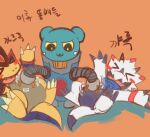  anthro bandai_namco blue_body blush claws digimon digimon_(species) digimon_ghost_game enodgmxa espimon gammamon goo_creature group hi_res laugh male ryudamon tickling trio white_body yellow_body 