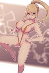  1girl areola_slip bare_legs bare_shoulders barefoot blonde_hair blue_eyes breasts cleavage collarbone covered_nipples hair_between_eyes highres lamb-oic029 large_breasts long_hair looking_at_viewer metroid navel open_mouth orange_one-piece_swimsuit outside_border ponytail revealing_clothes samus_aran sidelocks slingshot_swimsuit solo strap_gap swimsuit 