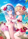  2girls absurdres artist_name bangs bare_shoulders bikini bikini_skirt blonde_hair blue_hair blue_sky blush bow breasts cloud cloudy_sky collarbone flandre_scarlet flower frilled_bikini frills hair_bow hand_up hibiscus highres long_hair looking_at_viewer midriff multiple_girls ocean parted_lips red_eyes remilia_scarlet ribbon rin_yuu scan scrunchie shiny shiny_hair signature simple_background sky small_breasts swimsuit thighs touhou water wings wrist_scrunchie 