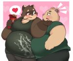  &lt;3 2022 anthro belly big_belly blush bottomwear brown_body canid canine clothing duo food hi_res inigo_(kusosensei) kemono kusosensei male male/male mammal obese obese_male overweight overweight_male pants pocky raccoon_dog shirt shoutaro tanuki topwear ursid 