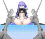  1girl :q blue_eyes blue_ribbon crotch_plate fate/extra fate/extra_ccc fate/grand_order fate_(series) licking_lips long_hair long_sleeves looking_at_viewer meltryllis_(fate) naughty_face navel prosthesis prosthetic_leg purple_hair ribbon seigaiha sitting sleeves_past_fingers sleeves_past_wrists smile solo spread_legs tongue tongue_out yoosai 