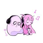  1girl 1other aukives blue_skirt bocchi_the_rock! chibi closed_eyes commentary crossover english_commentary frown ghost gotou_hitori headphones jacket long_hair napstablook one_side_up pink_hair pink_jacket pleated_skirt sitting skirt tears track_jacket undertale 