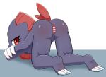  all_fours ass_up black_body butt censored female generation_4_pokemon genitals hi_res humanoid looking_at_viewer nintendo pokemon pokemon_(species) pussy red_eyes simple_background solo sum video_games weavile white_background 