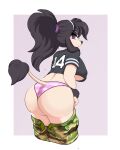  4:5 absurd_res alys_faiblesse_(zelripheth) anthro arm_tuft big_breasts big_butt black_hair bottomwear bottomwear_down breasts butt canid canine canis clothed clothing crown domestic_dog eyebrow_piercing eyeshadow facial_piercing female fluffy_ears hair hi_res looking_at_viewer makeup mammal panties pants pants_down partially_clothed piercing ponytail poodle presenting presenting_hindquarters purple_eyes rear_view simple_background solo standard_poodle tail_tuft tiara tuft underwear wrist_tuft zelripheth 